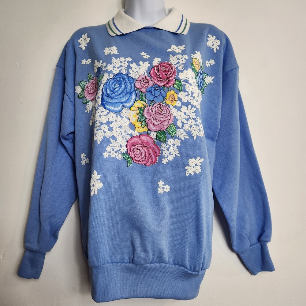 NWT Vintage 90s Land'n Sea Floral Heart Sweatshirt Medium Collared Cottagecore